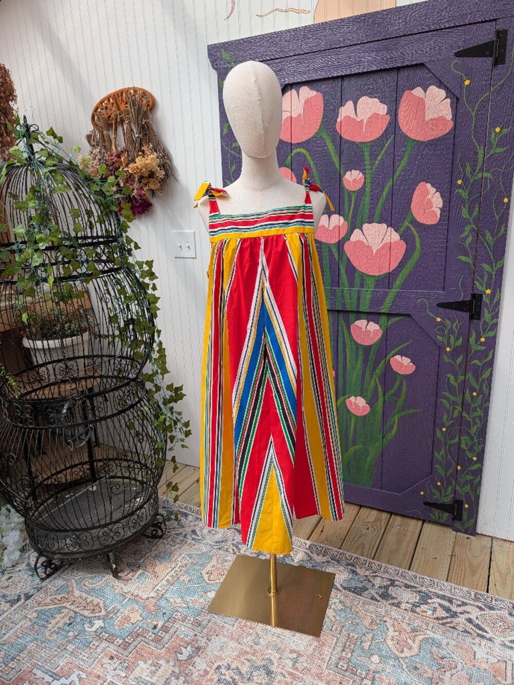 Vintage 1970's Rainbow Chevron Striped Tent Dress with Pockets by Sears